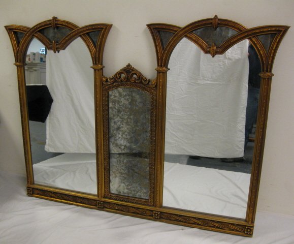 LARGE TRIPLE MIRROR IN FANCY GILT FRAME; CENTER S