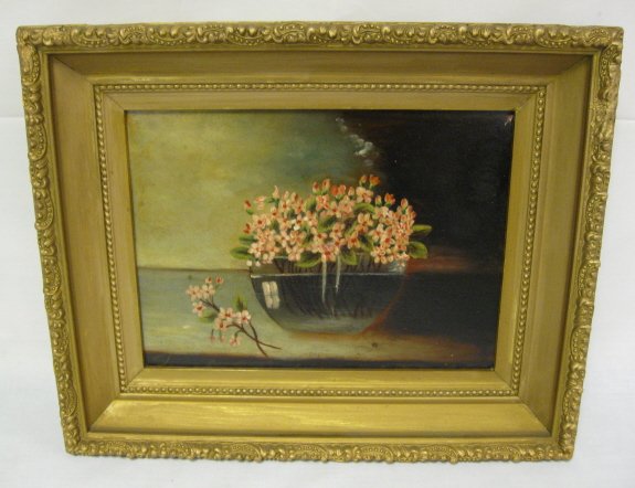 OIL ON BOARD FLORAL STILL LIFE; PINK FLOWERS IN A