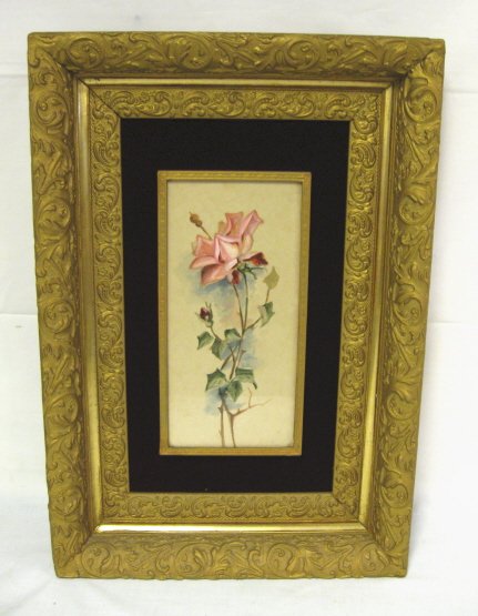 FLORAL STILL LIFE WATERCOLOR SIGNED E.R.; IN GILT