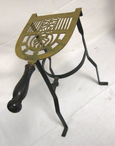 BRASS & IRON TALL TRIVET W/WOODEN HANDLE; 13 3/4