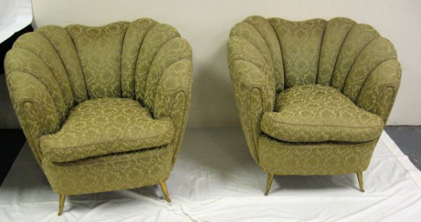 PR OF UPHOLSTERED CHAIRS W/BRASS FEET; FROM THE E