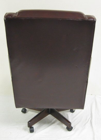 BURGUNDY LEATHER DESK CHAIR; ROCKS & SWIVELS; 48 - 3