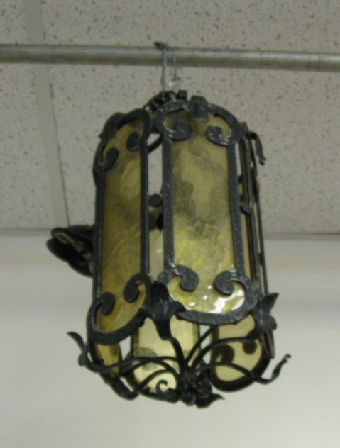 IRON HANGING PORCH LIGHT W/AMBER GLASS PANELS; AP