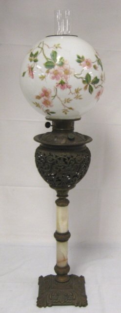 VICTORIAN BANQUET LAMP W/OLD HAND PAINTED GLOBE; 