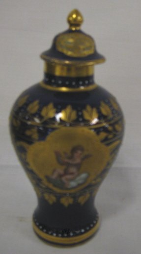 ROYAL VIENNA SMALL COVERED URN; HAND PAINTED W/2