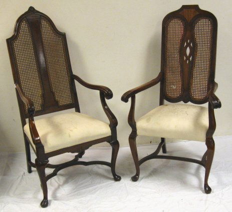 2 SIMILAR CANED BACK ARM CHAIRS, SEATS ARE STAINE: 2 SIMILAR CANED BACK ARM CHAIRS, SEATS ARE STAINED; TALLEST IS 51 IN H
