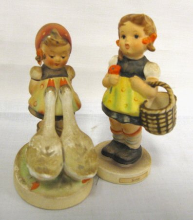 2 SMALL HUMMEL FIGURES, GIRL W/GEESE & GIRL W/BAS