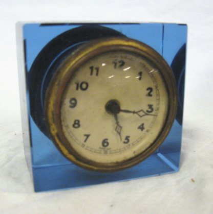 CLOCK; BLUE GLASS DESK CLOCK, 3 IN H ; ALL CLOCKS