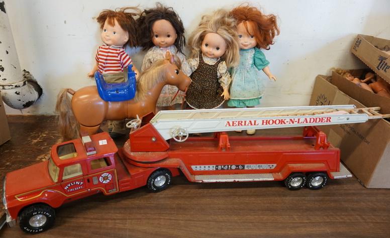 LOT NYLINT FIRE TRUCK, TOY HORSE, & 4 DOLLS (1 of 1)