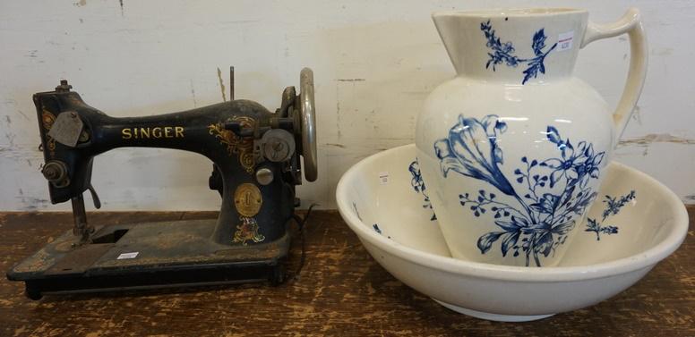 LOT WATER BOWL AND PITCHER AND SEWING MACHINE: LOT WATER BOWL AND PITCHER AND SINGER SEWING MACHINE