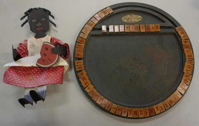 2 PC LOT CHILDS SPELLER AND TIN DOLL (1 of 1)