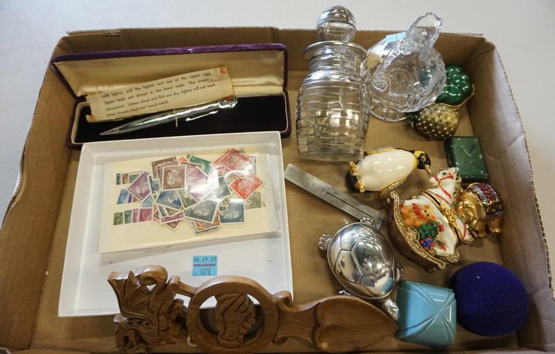 TRAY LOT COVERED BOXES, TURTLE BELL, STAMPS, ETC (1 of 1)