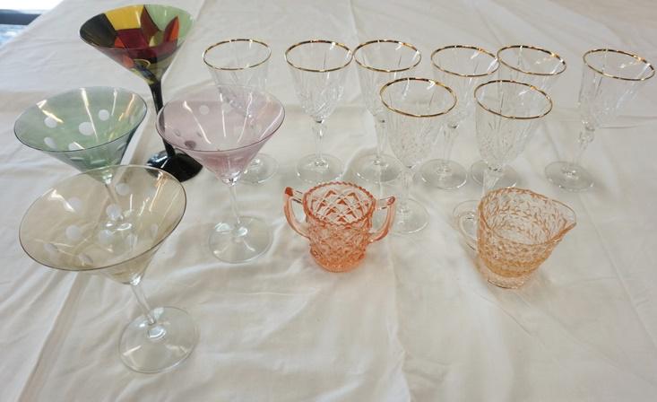 LOT GLASSES AND CREAMER & SUGAR: LOT GOLD RIM WINES & MARTINI GLASSES AND DG PINK CREAMER & SUGAR