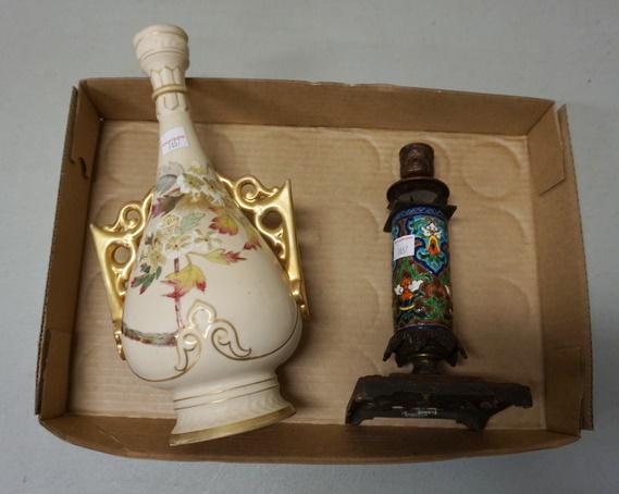 LONGWY CANDLESTICK & WORCESTER VASE: LONGWY CANDLESTICK & ROYAL WORCESTER VASE W/HAIRLINE