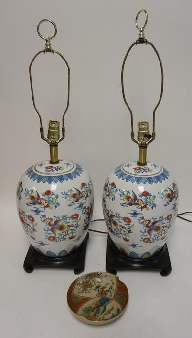 PAIR OF ASIAN LAMPS & SATSUMA BOWL (1 of 1)