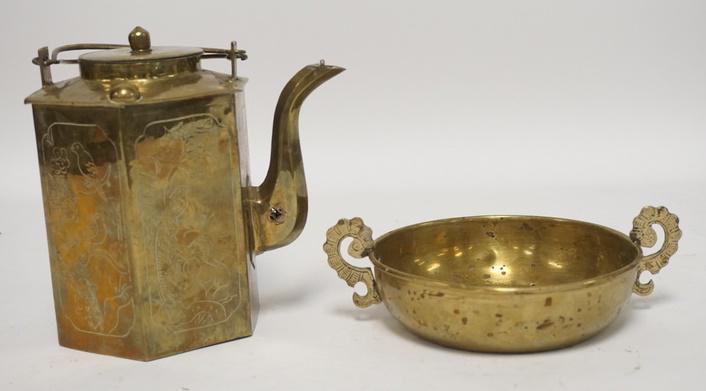 2 PC BRASS LOT: HEXAGONAL TEAPOT W/ ENGRAVED DESIGN OF BIRDS & BOWL W/ 3 COINS INSERTED IN THE BASE, TEAPOT IS 7 IN H