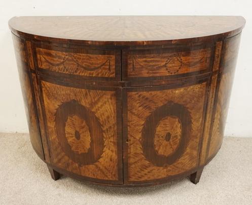 INLAID DEMILUNE CREDENZA: INLAID DEMILUNE CREDENZA W/ FOUR DOORS & TWO DRAWERS, 51 1/2 IN W, 33 1/2 IN H
