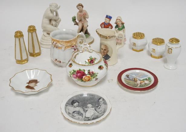 15 PC PORCELIAN LOT: 15 PIECE PORCELAIN LOT; LOT INCLUDES, ROYAL ALBERT OLD COUNTRY ROSE SUGAR BOWL, HARRY TRUMAN CREAMER, WINSTON CHURCHILL & ROYAL FAMILY DISHES, WHITE STATUE OF NUDE HAS MISSING FINGER, BISQUE STATUE HA