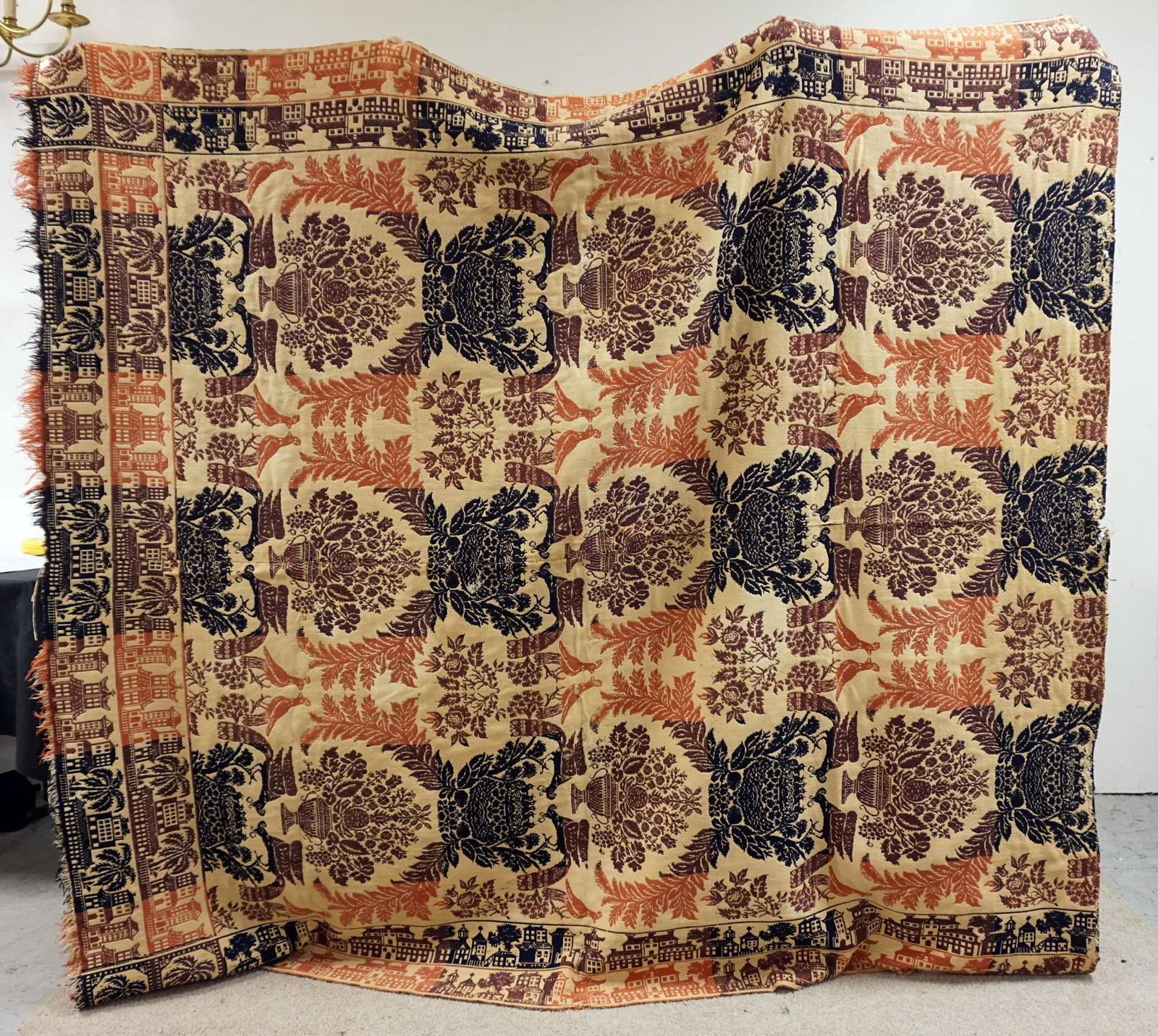 3 COLOR ANTIQUE COVERLET WITH BUILDINGS AND PALM TREES (1 of 1)