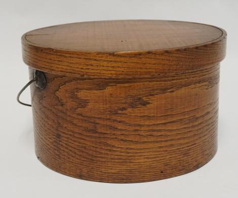 WOODEN PANTRY BOX: WOODEN PANTRY BOX W/ HANDLE, HAS FLORAL PRINT LINING, 11 1/2 IN DIAMETER, 6 3/4 IN H