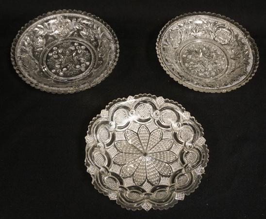 3 LACEY FLINT GLASS BOWLS: THREE LACEY FLINT GLASS BOWLS, 6 1/2 TO 6 3/4 IN USUAL RIM ROUGHNESS