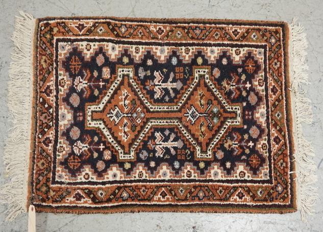 ORIENTAL THROW RUG: ORIENTAL THROW RUG, HAS SOME WEAR, 2 FT 11 IN X 2 FT 2 IN