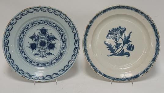 2 ANTIQUE BLUE & WHITE CHARGERS: TWO ANTIQUE BLUE & WHITE CHARGERS, ONE HAS RIM ROUGHNESS, ONE HAS AN OLD STAPLE REPAIR & RIM ROUGHNESS, LARGEST IS 13 3/4 IN