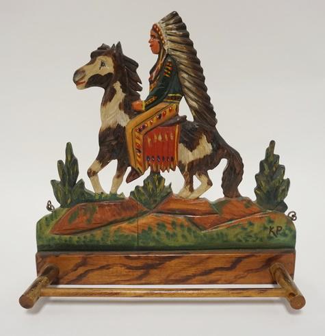 CARVED & PAINTED FOLK ART INDIAN TIE RACK (1 of 1)
