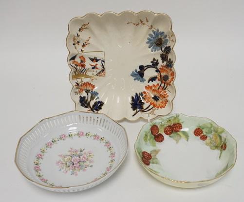 3 PORCELAIN BOWLS: THREE PORCELAIN BOWLS, RIDGEWAY TEMPLE PATTERN, BAVARIAN OPEN EDGE BOWL, & A LIMOGES BOWL W/ HANDPAINTED RED RASPBERRIES