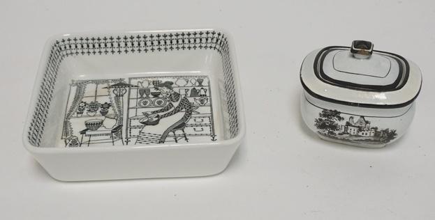 ARABIA FINLAND SQUARE BOWL & A 19TH CENTURY BLACK MINI: ARABIA FINLAND SQUARE BOWL & A 19TH CENTURY BLACK MINIATURE SUGAR BOWL, THE ARABIA BOWL IS 5 1/4 IN SQ