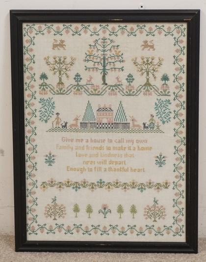 FRAMED SAMPLER W/ HOUSE PEOPLE & ANIMALS (1 of 1)