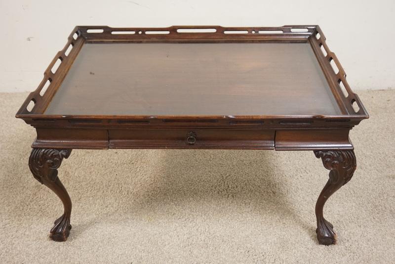 MAHOGANY GLASS TRAY TOP TABLE: MAHOGANY GLASS TRAY TOP TABLE WITH BALL AND CLAW FEET AND A DRAWER. 30 1/2 IN X 20 1/2 IN, 17 IN HIGH
