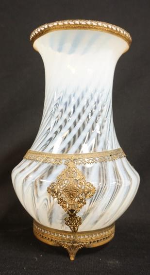 OPALESCENT SWIRL VASE IN ORNATE BRASS FRAME WORK: OPALESCENT SWIRL VASE IN ORNATE FILAGREE BRASS FRAME WORK, 10 1/8 IN HIGH