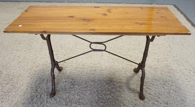 IRON BASE TABLE W/WOOD TOP: IRON BASE NARROW TABLE W/WOOD TOP 48 IN WIDE X 18 IN DEEP X 28 1/2 IN HIGH