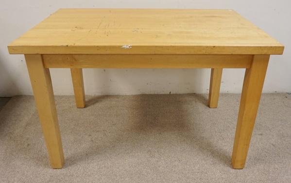 BUTCHER BLOCK TABLE: BUTCHER BLOCK TABLE, HAS SOME SURFACE DAMAGE ON THE TOP, 48 IN X 30 IN X 30 1/2 IN HIGH