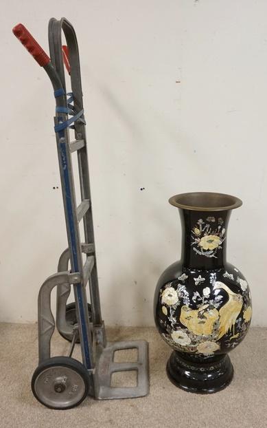ASIAN BRASS FLOOR VASE. BLACK LACQUER AND MOP INLAY (1 of 3)