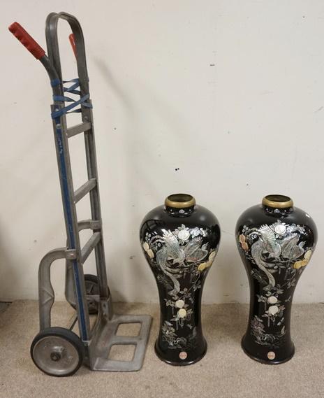PAIR OF TALL BRASS ASIAN VASES. BLACK LACQUER AND MOP (1 of 4)