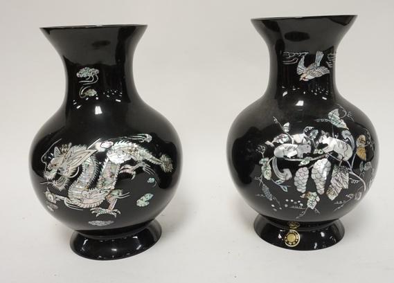 TWO BLACK LACQUER VASES W/ MOP INLAY (1 of 3)