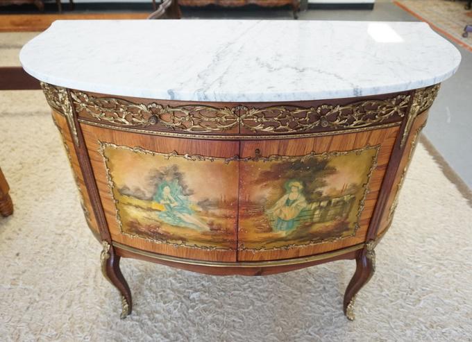 PAINT DECORATED DEMILUNE MARBLE TOP CREDENZA (1 of 3)