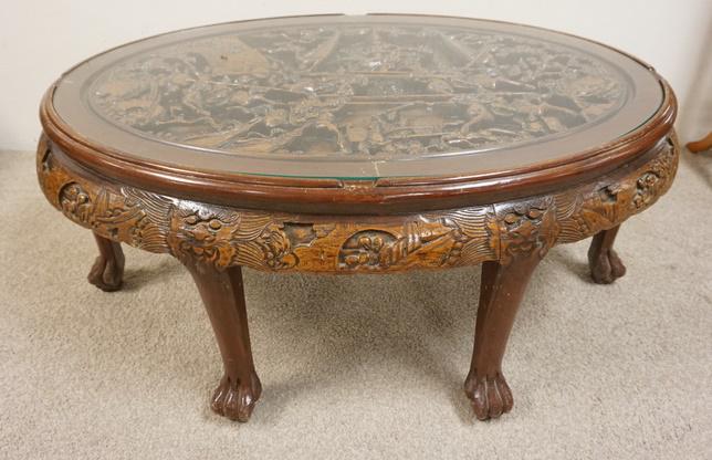 DEEPLY CARVED ASIAN COFFEE TABLE W/ GLASS TOP (1 of 2)