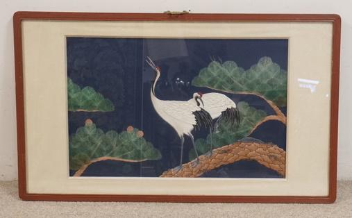 FRAMED ASIAN EMBROIDERY OF CRANES (1 of 2)