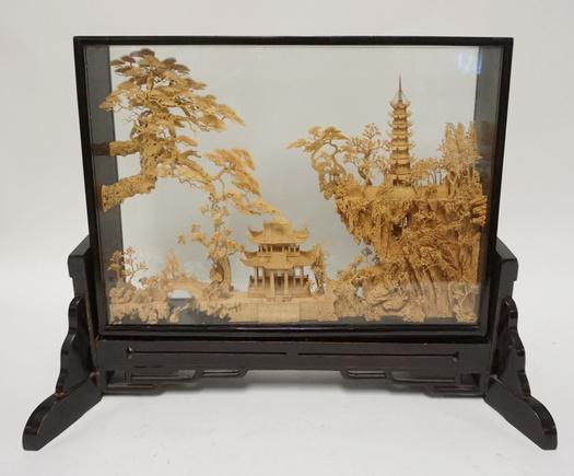 LARGE CORK CARVING IN GLASS AND WOOD CASE: LARGE CORK CARVING IN GLASS AND WOOD CASE. A FEW SMALL PIECES OFF. 24 1/2 IN WIDE, 18 1/4 IN HIGH OVERALL