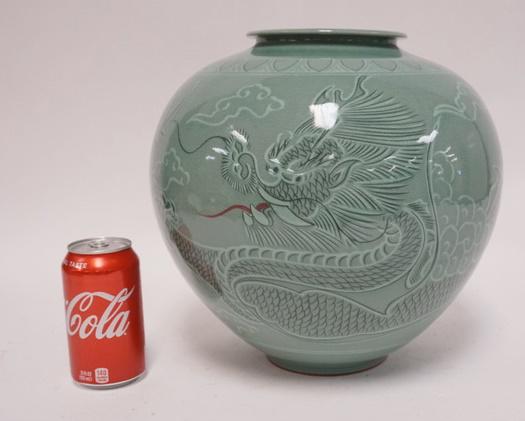 LARGE ASIAN CELADON VASE W/ DRAGON (1 of 4)