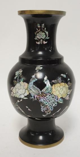 ASIAN BLACK LACQUER & MOP INLAY BRASS VASE (1 of 1)