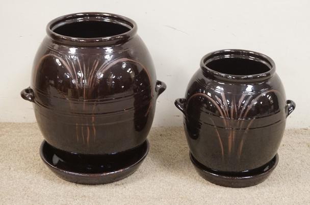 2 DECORATED BROWN GLAZE POTTERY JARS/PLANTERS (1 of 2)