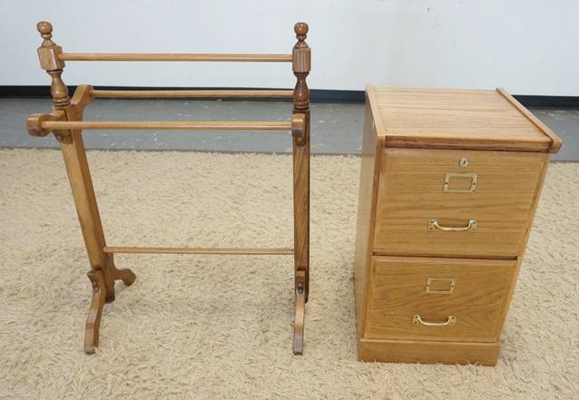 LOT; OAK 2 DRW FILE CABINET & QUILT RACK (1 of 1)