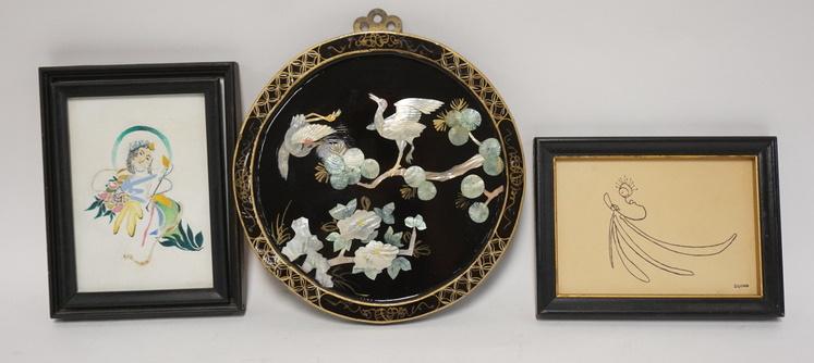 ASIAN PLAQUE & 2 PCS OF FRAMED ARTWORK (1 of 1)