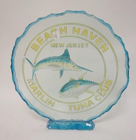 GLASS PLAQUE-BEACH HAVEN NJ MARLIN & TUNA CLUB: REVERSE CUT CUSTOM GLASS PLAQUE MADE FOR BEACH HAVEN NJ MARLIN & TUNA CLUB, 14 1/4 IN HIGH