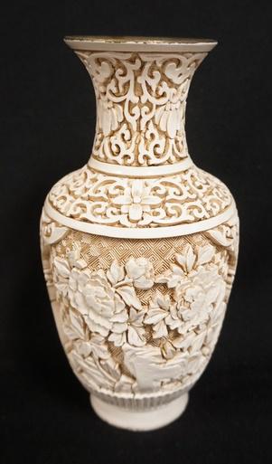 WHITE CINNEBAR VASE ON BRASS: *IVORY DYNASTY* WHITE CINNEBAR VASE, DEEPLY CARVED, TAIWAN 1982, 8 IN HIGH