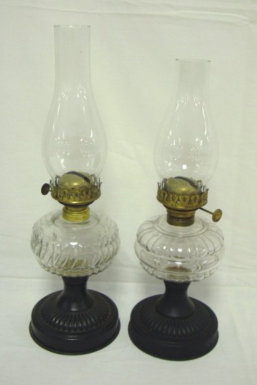 2 SIMILAR KEROSENE LAMPS W/TIN BASES; TALLEST IS